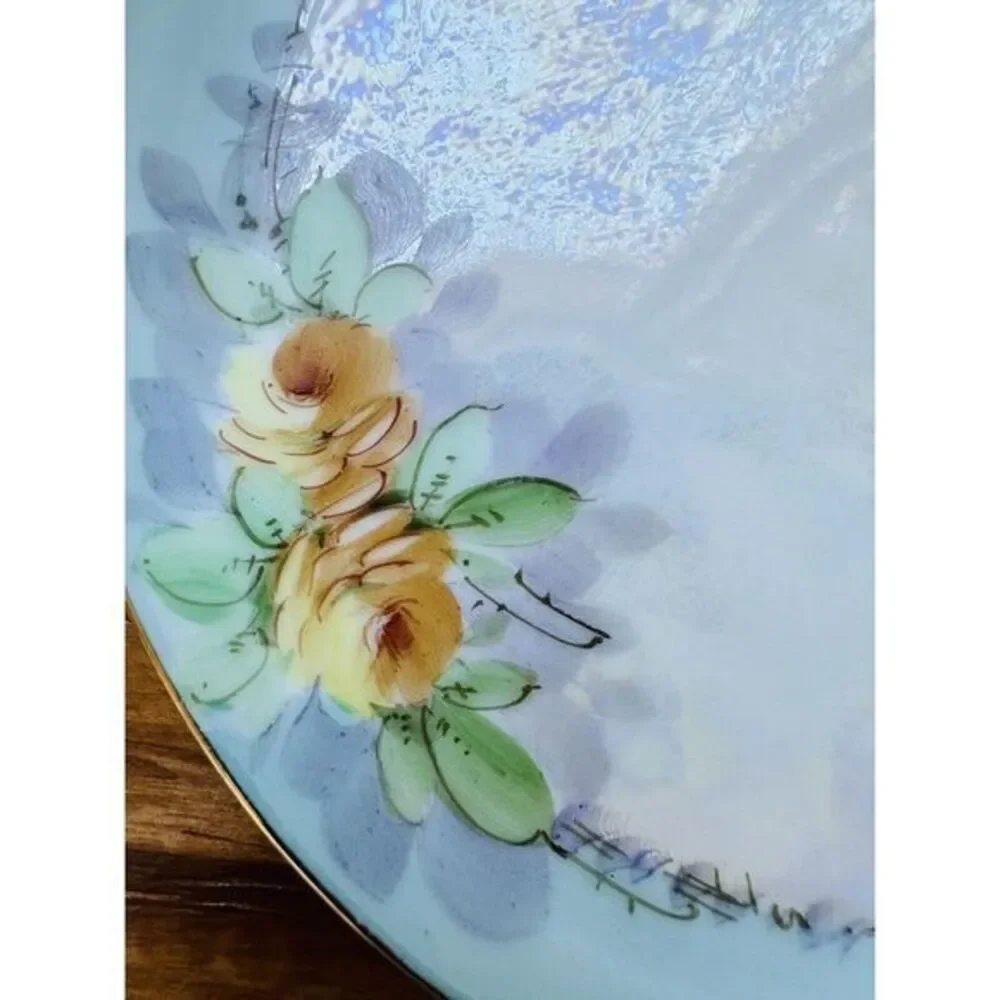 VTG Plate With Yellow Flowers Design Handpainted W/iridescent Center Gold Trim‎